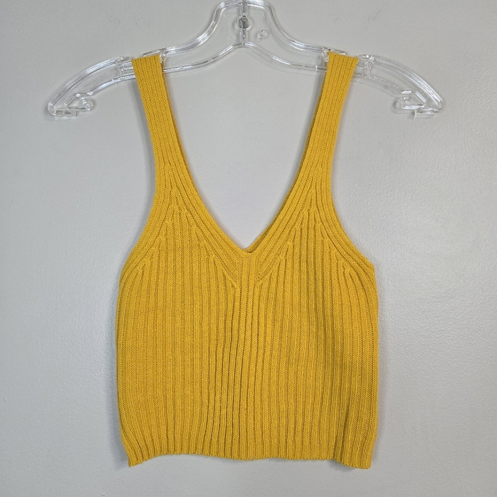🌿 Bluenotes Mustard Yellow Ribbed Crop Tank Top, Size S ~ EUC